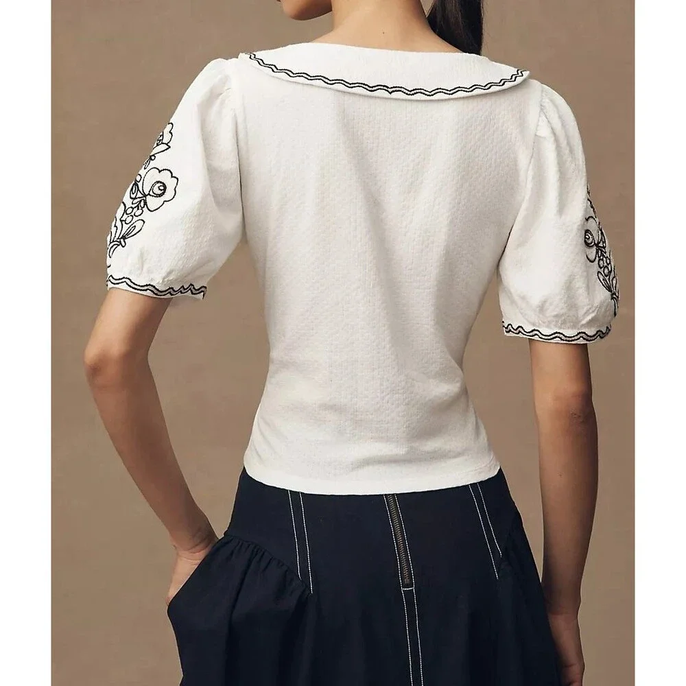 By Anthropologie Embroidered Button-Front Collared Blouse Top White XXS 286640